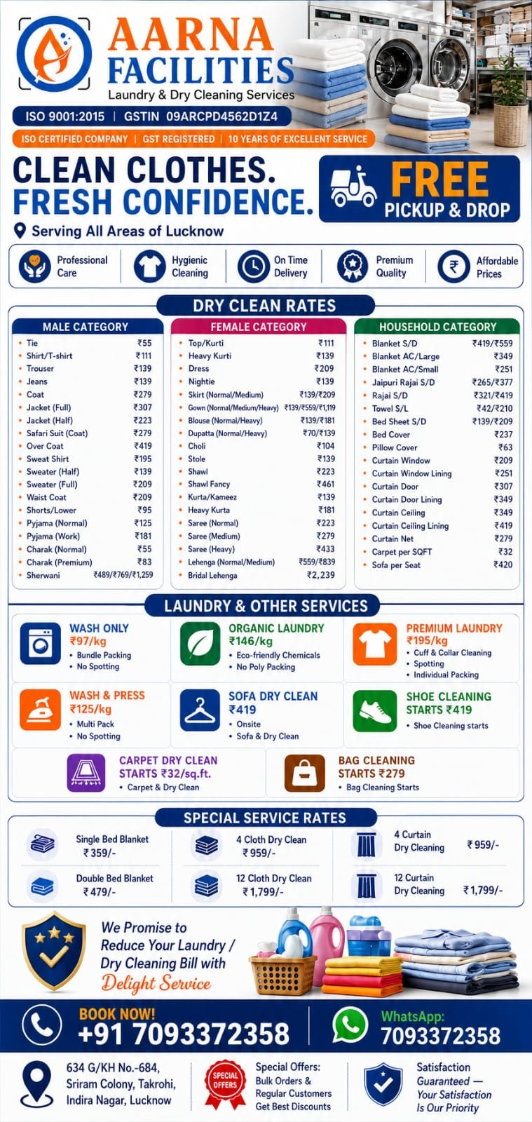 Aarna Facilities official laundry rate card leaflet